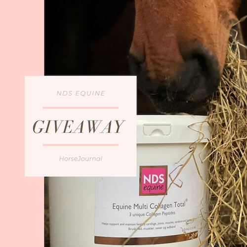 HorseJournal Giveaways oversigt. Billedet viser produktet fra NDS, som er præmien i denne giveaway, sammen med en hestemule. 